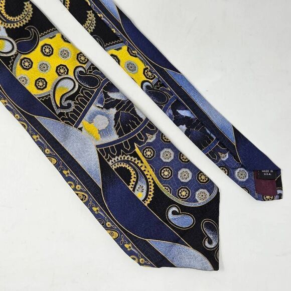 POWER LINE ELECTRIC NECKWEAR Other - POWER LINE ELECTRIC NECKWEAR SILK TIE BLUE YELLOW PAISLEY VIBRANT SATIN 3.75" X